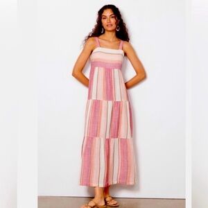 Faherty Pink and White Tiered Maxi Sundress